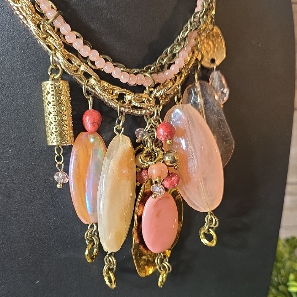 Treska Layered Pink and Gold Beaded Charm Necklace